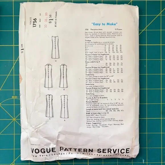Vogue Easy To Make Basic Dress #1756 Size 16 Vintage Pattern 1960s Retro MCM - Picture 4 of 7